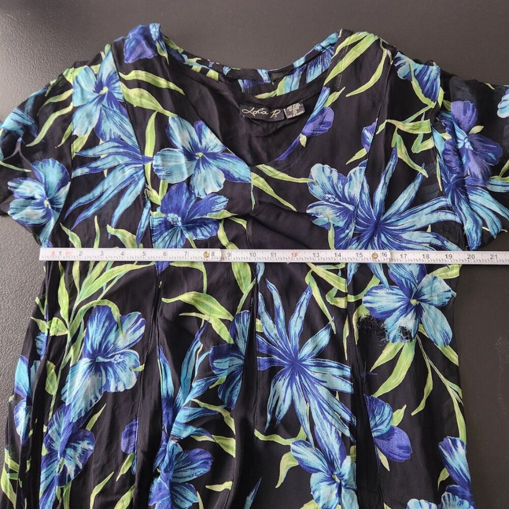 Vintage 90s Black Floral Midi Dress Crinkle Fairy Grunge Blue Lola P Medium - Picture 13 of 16